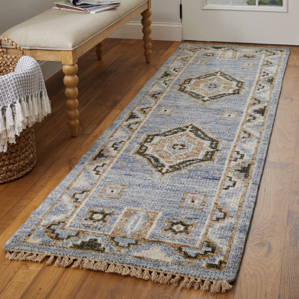 8' Ivory Tan And Blue Wool Oriental Hand Knotted Round Rug With Fringe